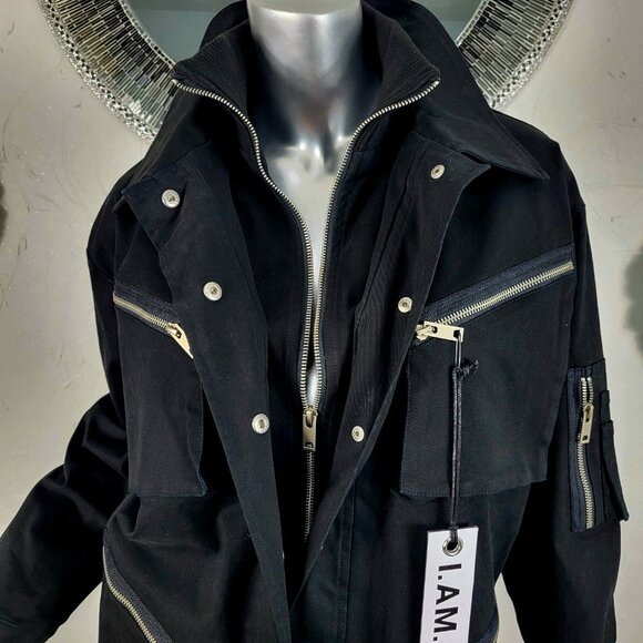 NWT~$295~I AM GIA~S/M~BLACK MILITARY UTILITY CARGO DENIM JEAN JACKET COAT - Picture 2 of 16